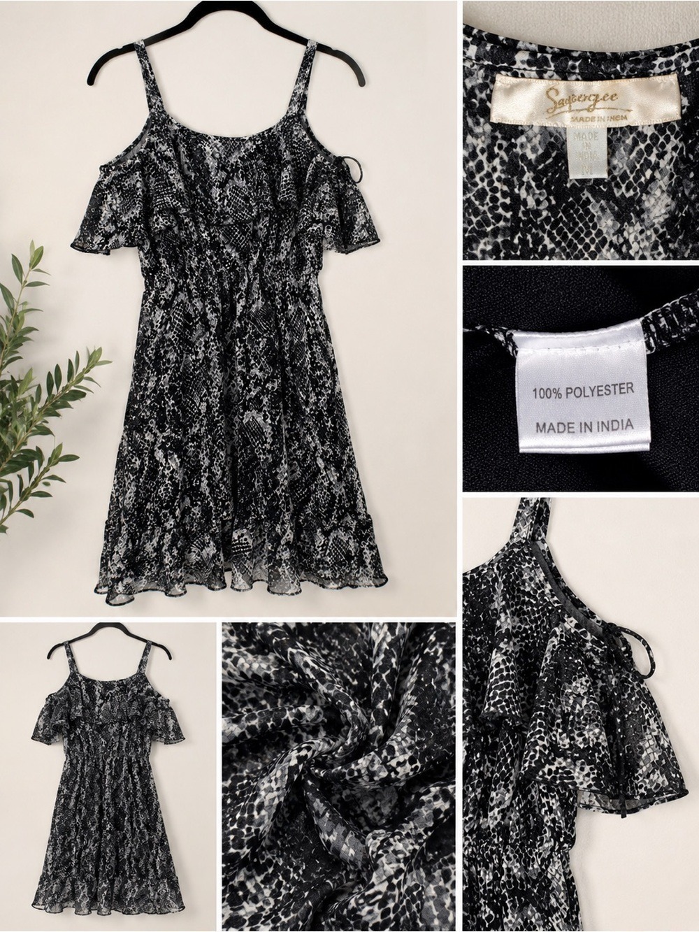 Saylor Lee Snakeskin Print Cold Shoulder Dress Size M Black White Ruffle